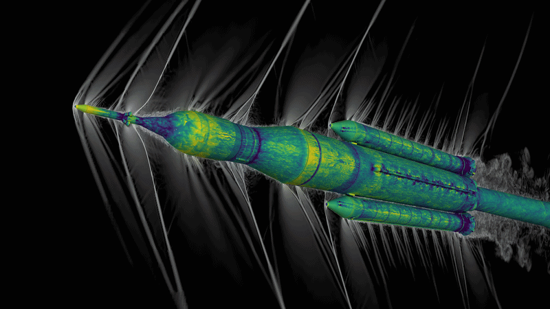 Simulation of the SLS rocket system using NASA’s Launch Ascent and Vehicle Aerodynamics (LAVA) software.