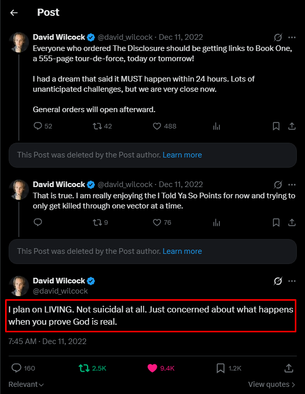 David Wilcock, December 11th, 2022: "I plan on LIVING. Not suicidal at all. Just concerned about what happens when you prove God is real."