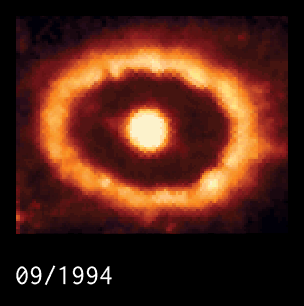 Sequence of Hubble images of Supernova 1987a from 1994 to 2009, showing the collision of the expanding remnant with a ring of material ejected by the progenitor 20,000 years before the supernova,
