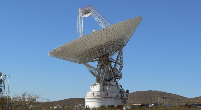 The 70-meter antenna at the Goldstone Deep Space Communications Complex in the Mohave Desert in California. This complex is one of three comprising NASA's Deep Space Network.