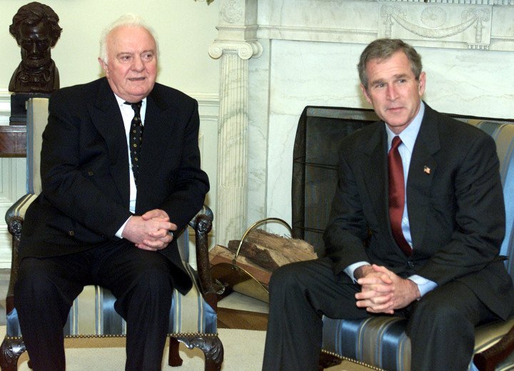 US President George W. Bush meets Georgian President Eduard Shevardnadze at the White House, October 5, 2001. (Source: Getty Images) US President George W. Bush meets Georgian President Eduard Shevardnadze at the White House, October 5, 2001. (Source: Getty Images)