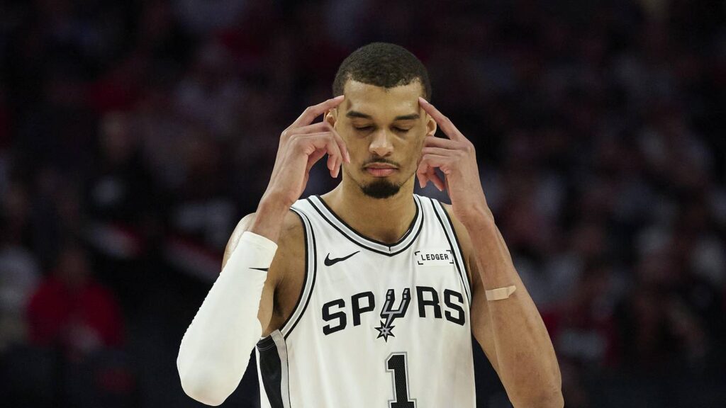 Apr 26, 2026; Portland, Oregon, USA; San Antonio Spurs forward Victor Wembanyama (1) encourages a teammate to be smart during the second half against the Portland Trail Blazers during game four of the first round of the 2026 NBA Playoffs at Moda Center. Mandatory Credit: Troy Wayrynen-Imagn Images