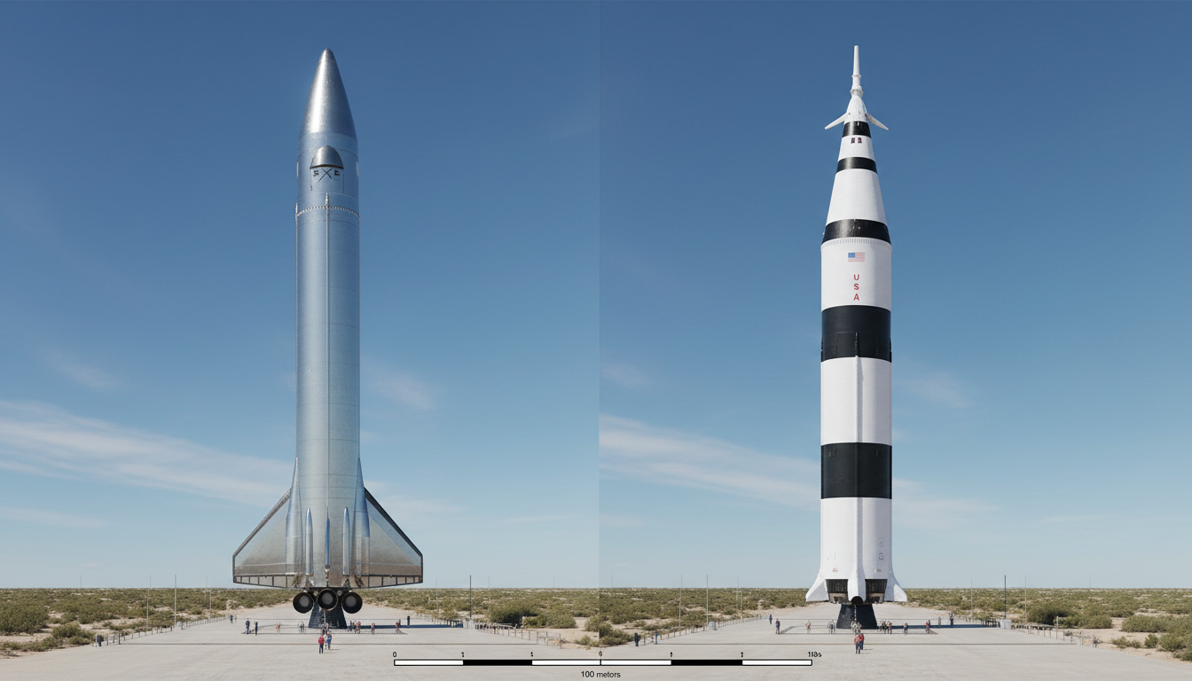 Comparação visual entre Starship e Saturn V em escala