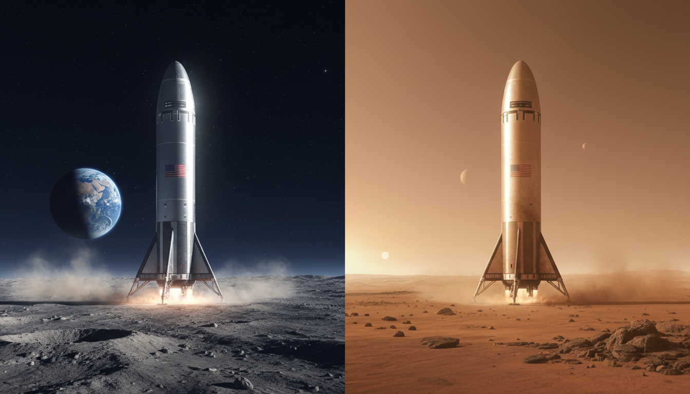 Visão de uma Starship pousando em ambiente lunar e marciano