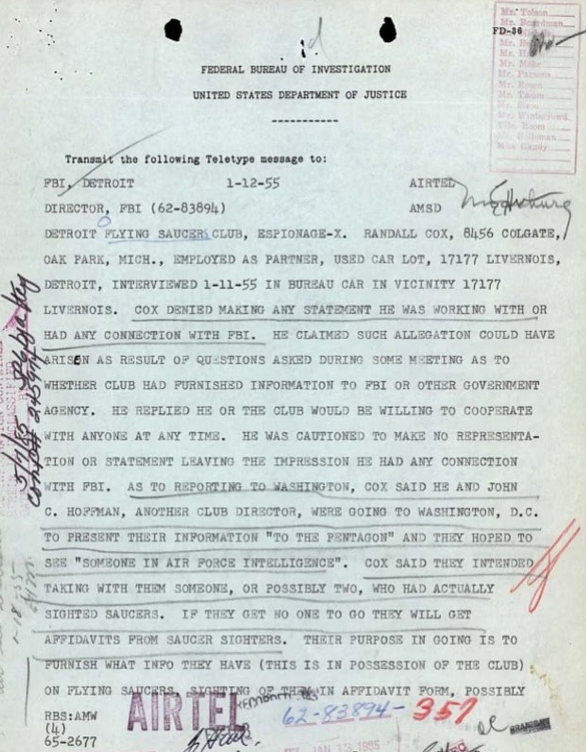 An FBI memo, dated January 12, 1955, details claims from members of the Detroit Flying Saucer Club