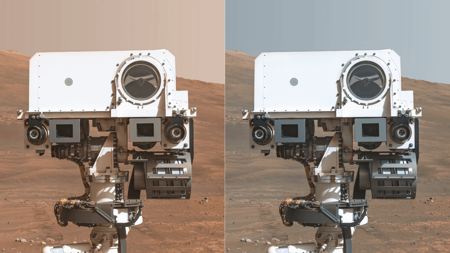 Mars Perseverance selfie with corrected white balance (right)