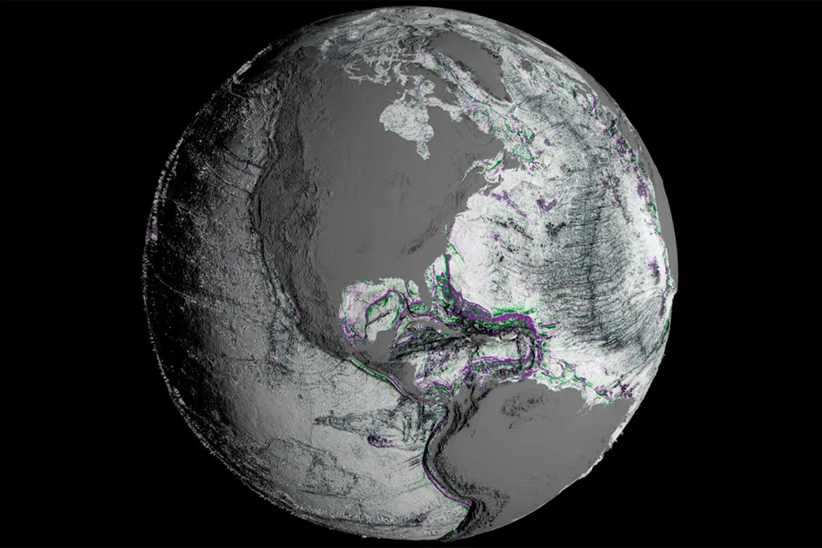 A map of the ocean seafloor produced using data from the SWOT satellite. Credit: Greg Shirah, David Sandwell, Yao Yu