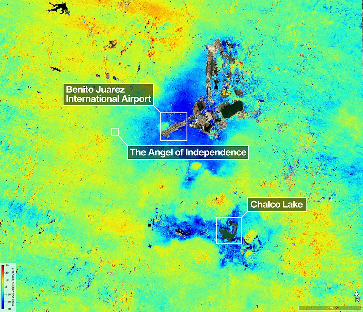 Data from the NISAR satellite, which studied Mexico City between October 2025 and January 2026, confirms the Mexican capital is sinking. Credit: NASA/JPL-Caltech/David Bekaert