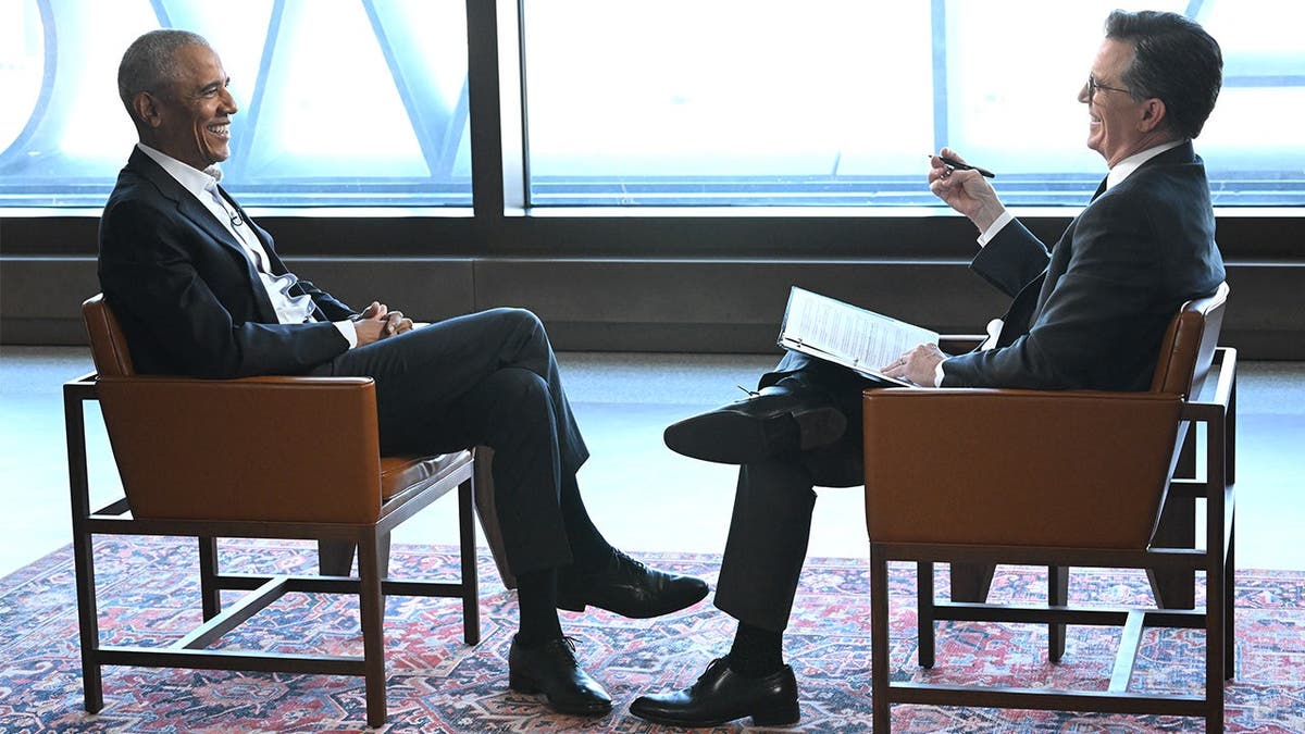 Barack Obama appears with Stephen Colbert.