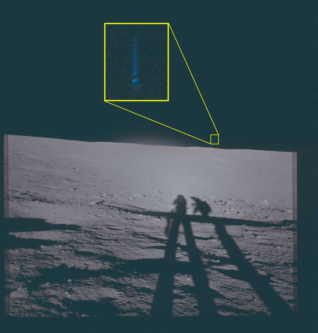 An image recorded on the Moon during the Apollo 12 mission in 1969 shows the shadows of astronauts, along with a highlighted area above the horizon showing "unidentified phenomena," according to the Defense Department.