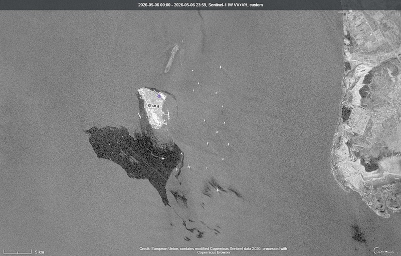 This satellite image provided by European Space Agency shows an apparent oil spill in the Persian Gulf off the western side of Kharg Island, Iran’s main crude oil export terminal, on Wednesday, May 6, 2026. ( European Space Agency via AP)