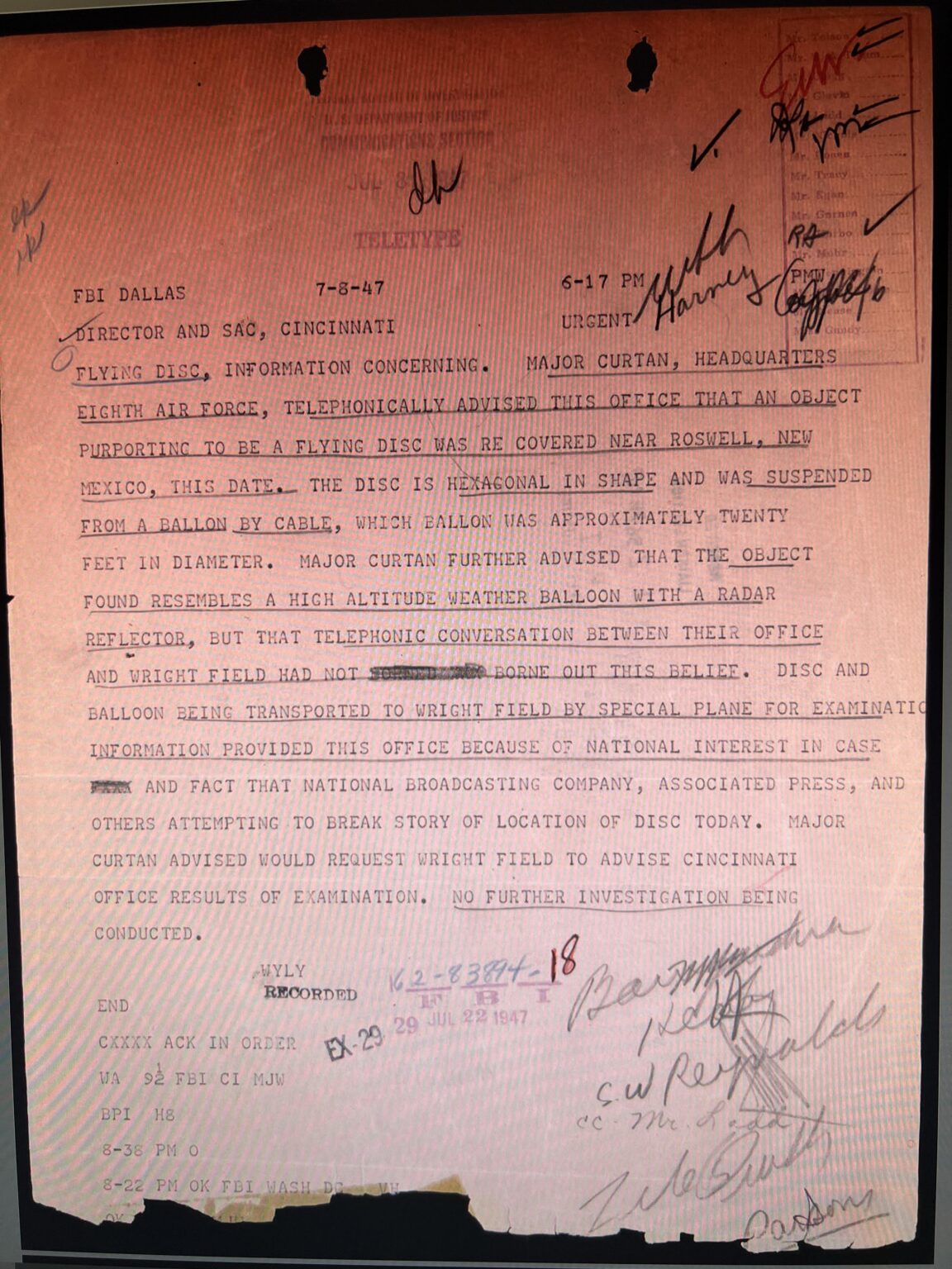 The first description telephoned to the FBI on the day of the Roswell crash…a nice closure. A disc suspended by a balloon