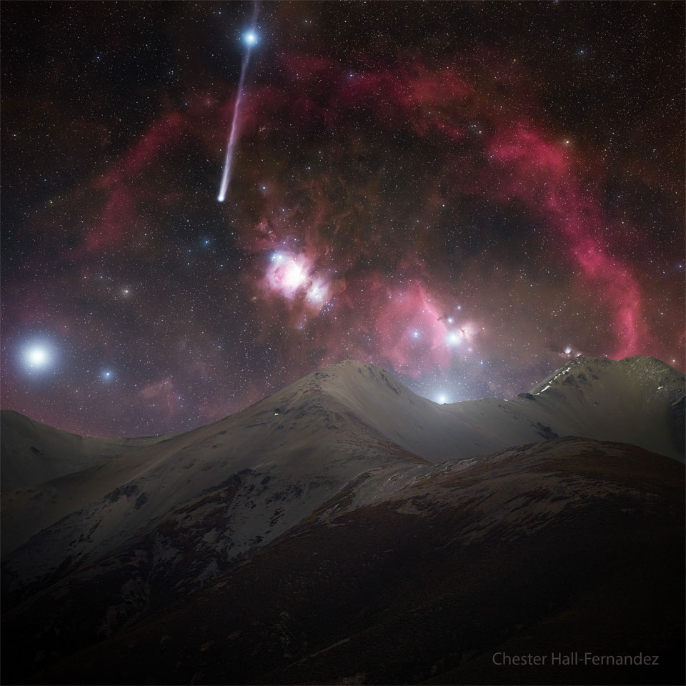 APOD: 2026 May 15 – R3 PanSTARRS: An Orion Comet A starfield appears featuring many bright stars, red
nebula, and a comet. Snow covered mountains cover the foreground.
The comet appears on the upper left with a tail the goes
upward and right through a bright star.
Please see the explanation for more detailed information.