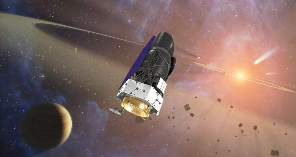 Roman Space Telescope will be launched earlier than planned Ілюстрація космічного телескопа Nancy Grace Roman на тлі зоряного поля