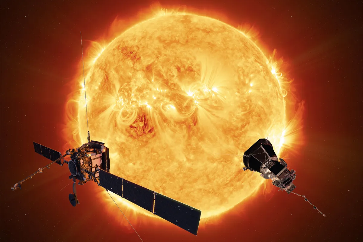 Artist's impression of the Solar Orbiter and Parker Solar Probe studying the Sun