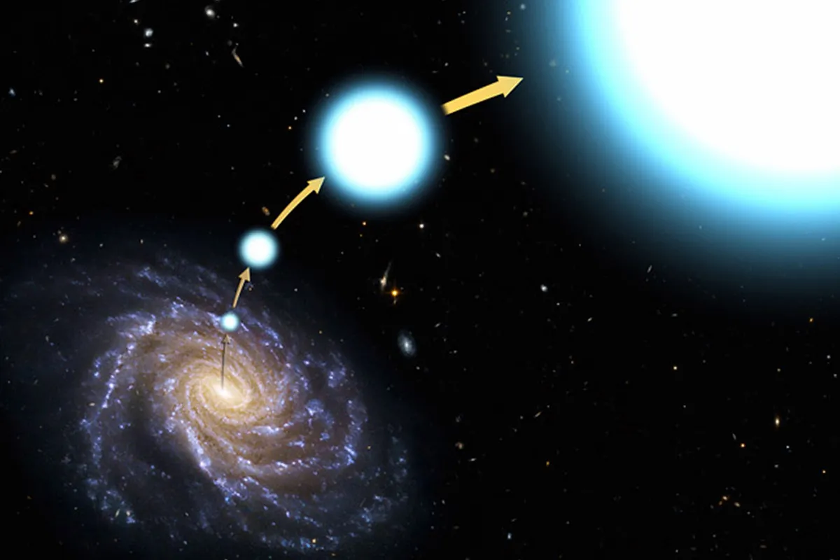 Illustration showing a star being ejected from the centre of a galaxy. Credit: NASA/ESA/G. Bacon (STScI)