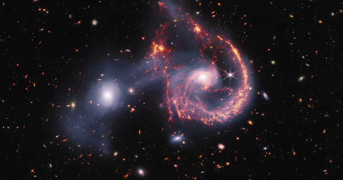 Composite image of galaxy merger Arp 107 captured by James Webb Space Telescope's NIRCam and MIRI instruments. Credit: NASA, ESA, CSA, STScI