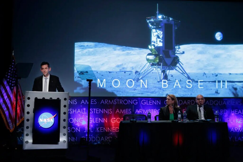 NASA plans a base on the moon spanning hundreds of square miles NASA administrator Jared Isaacman (left) announcing its plans to establish a permanent presence on the moon during a press conference at the agency