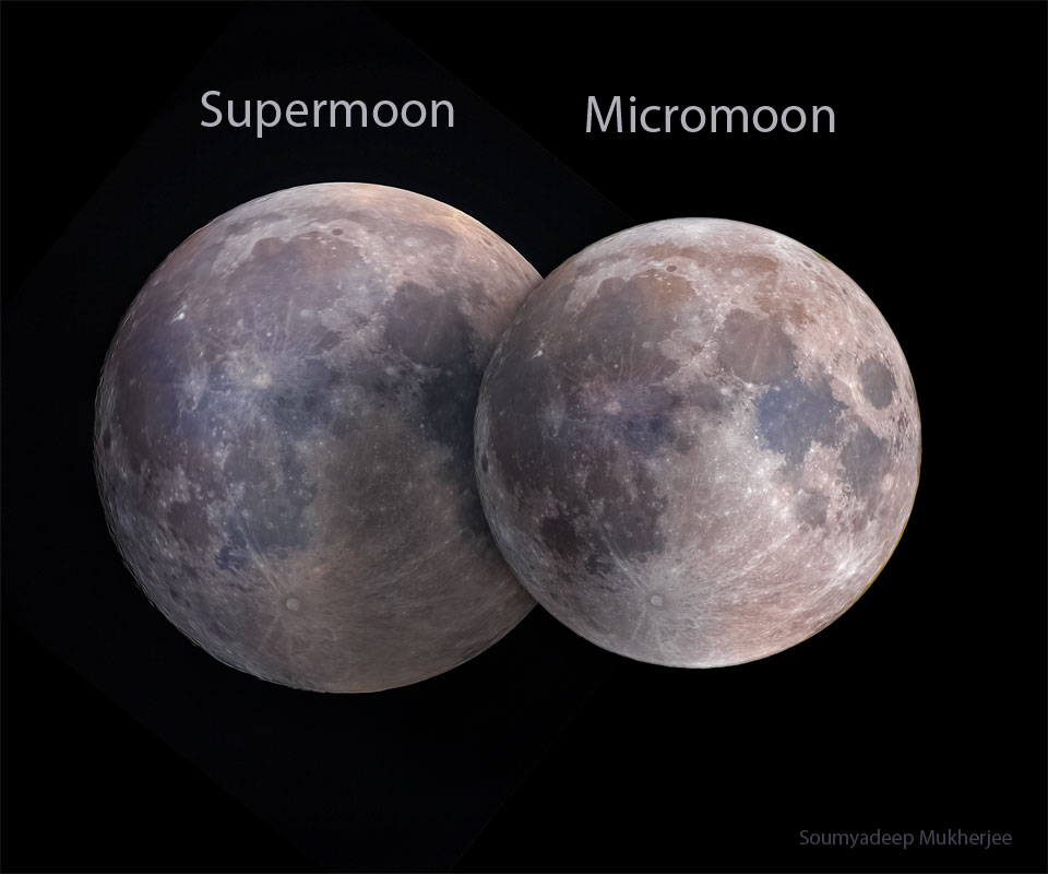 APOD: 2026 May 30 – Supermoon Versus Micromoon Two images of Earth's Moon are shown, both in full
phase. The left moon image, labelled Supermoon, is slightly
larger than the right moon image, labelled Micromoon.
Please see the explanation for more detailed information.