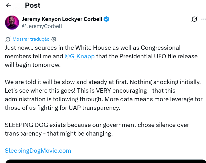 Jeremy Corbell: "Presidential UFO file release will begin tomorrow."