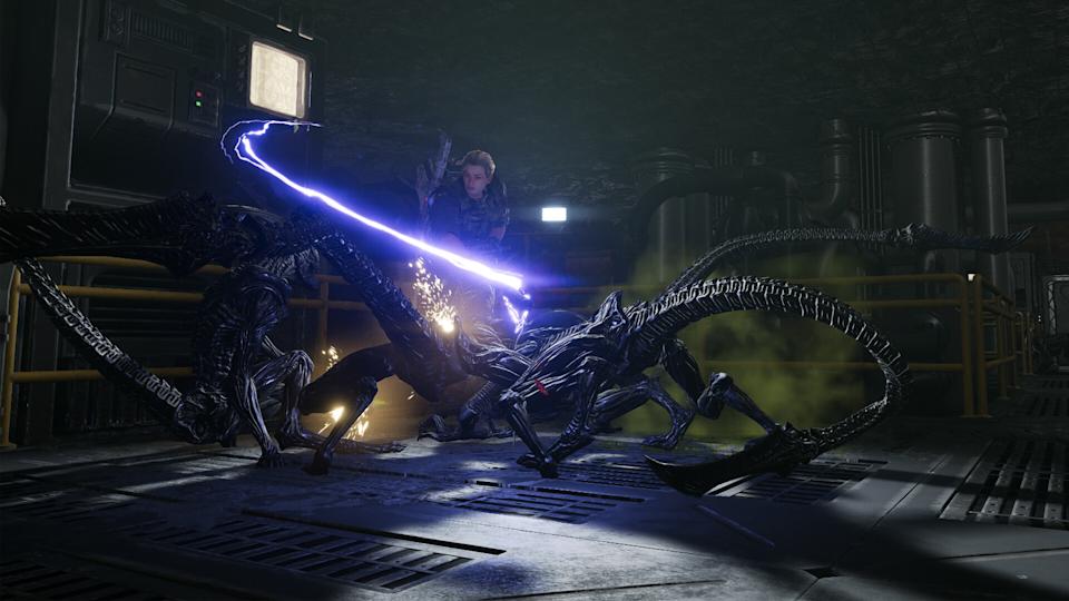 A person wields a glowing electric whip against large, menacing alien creatures in a dimly lit, industrial setting, evoking tension and action.