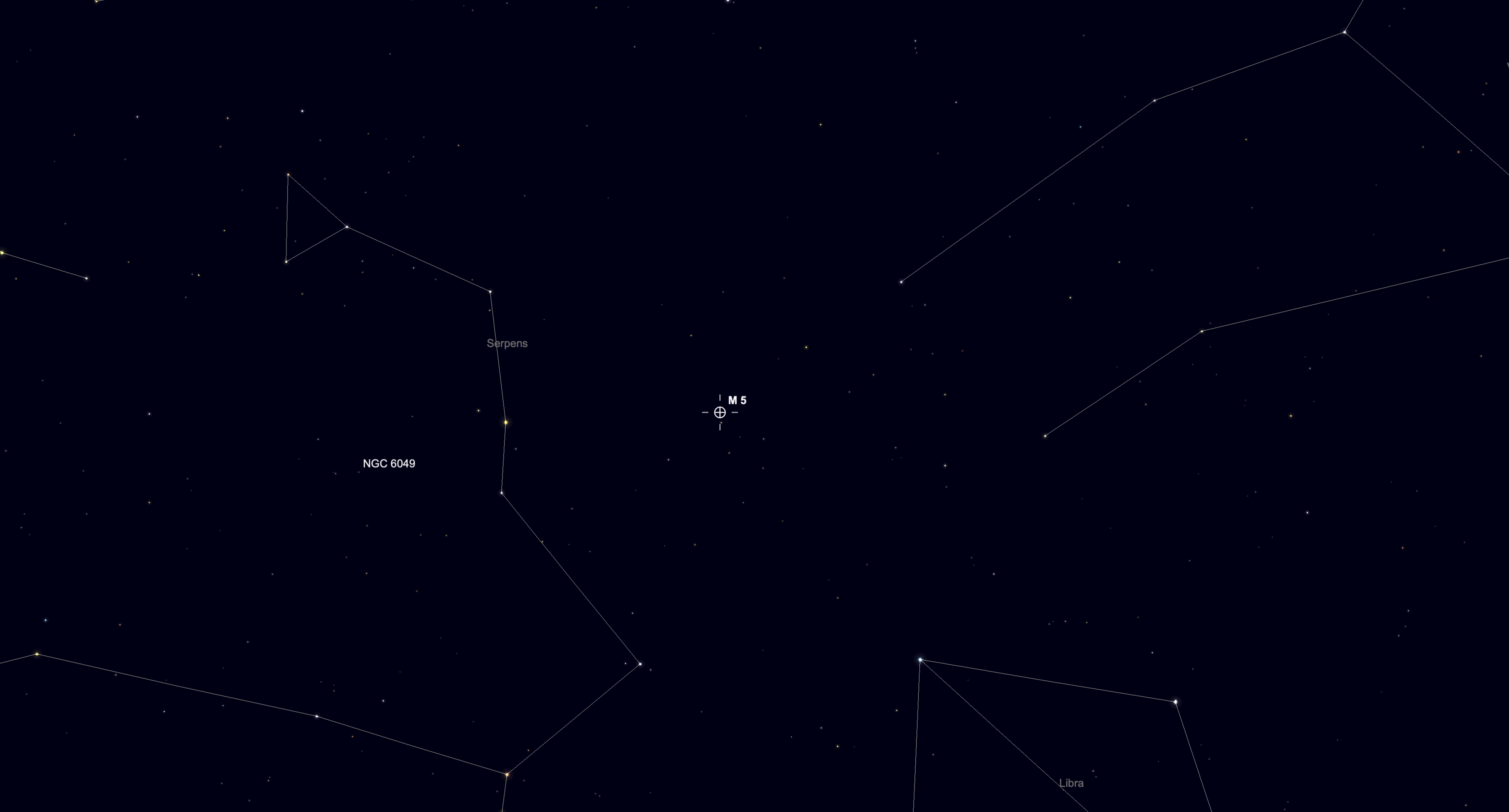 Star chart highlighting the globular cluster M5 in the constellation Serpens.