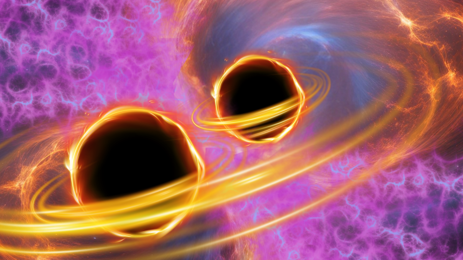 We still can’t see dark matter. But what if we can hear it? Two black circles surrounded by golden swirls. The background is pink, blue and fuzzy-looking.