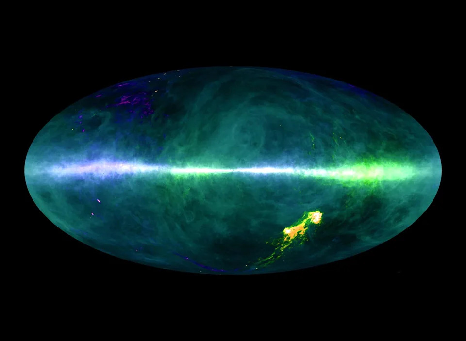 One of the most important frequencies in radio astronomy is 1420.4 MHz. Cold hydrogen atoms emit radio waves at this frequency when their electrons reverse the orientation of their spin. This so-called spin-flip transition occurs while the atom is in its ground state - it does not require the gas to be heated by a nearby star to a higher energy level. Though this emission is faint, it allows astronomers to map the structure of hydrogen clouds across the entire sky, seeing more than just the clouds that are lit by stars. The ubiquity of this emission has led SETI researchers to hypothesize that extraterrestrial civilizations might use the frequency as a hailing channel. Credit: Benjamin Winkel and the HI4PI collaboration