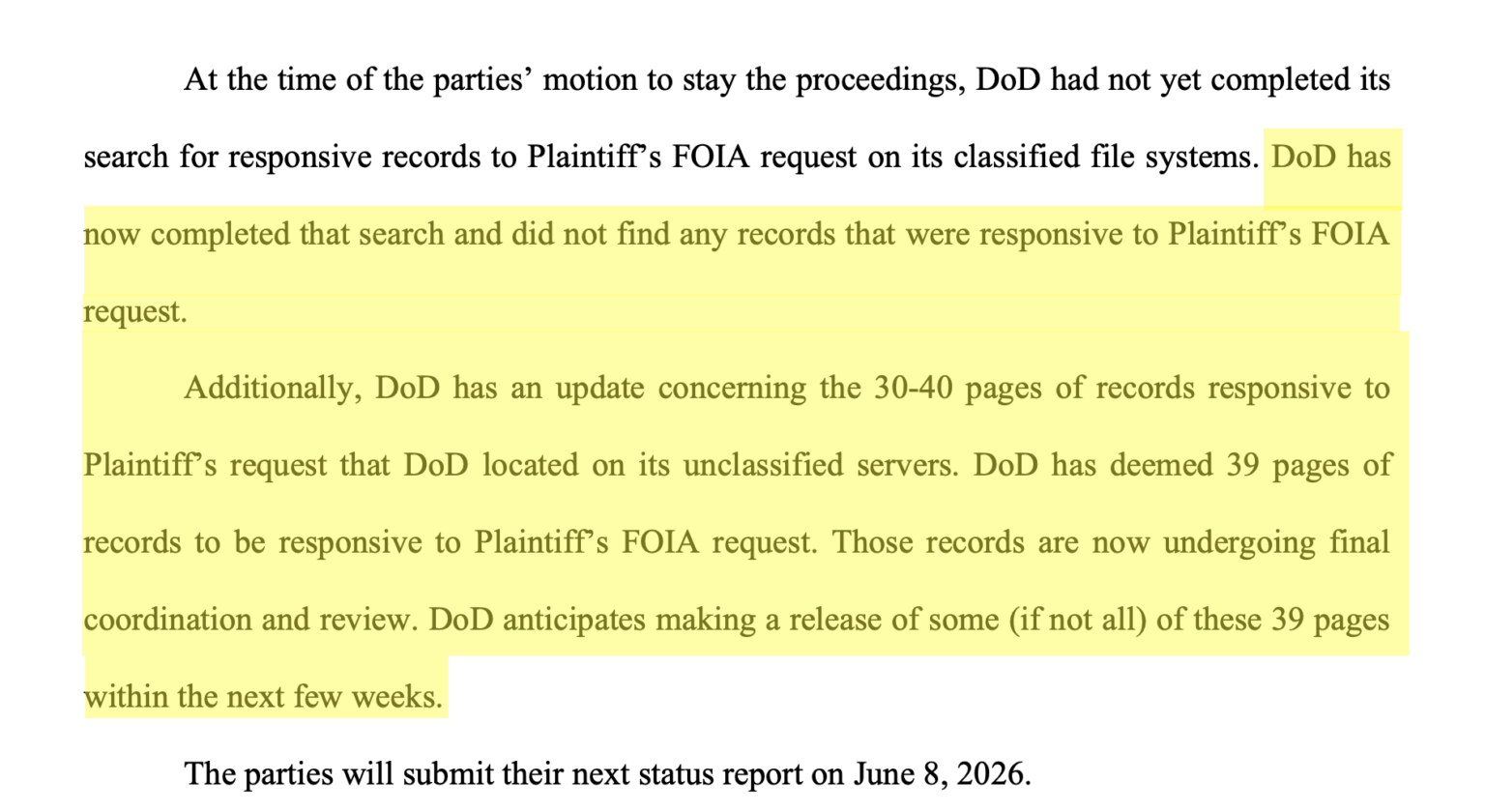 Update on David Grusch's FOIA lawsuit against the Department of Defense