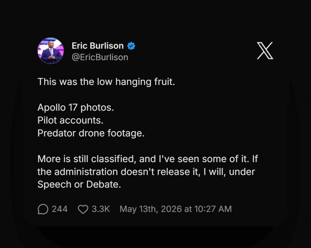 Rep. Eric Burlison says he is ready to release UFO files using the Constitution’s Speech or Debate Clause, which protects members of Congress from legal consequences for statements made as part of their official legislative duties.