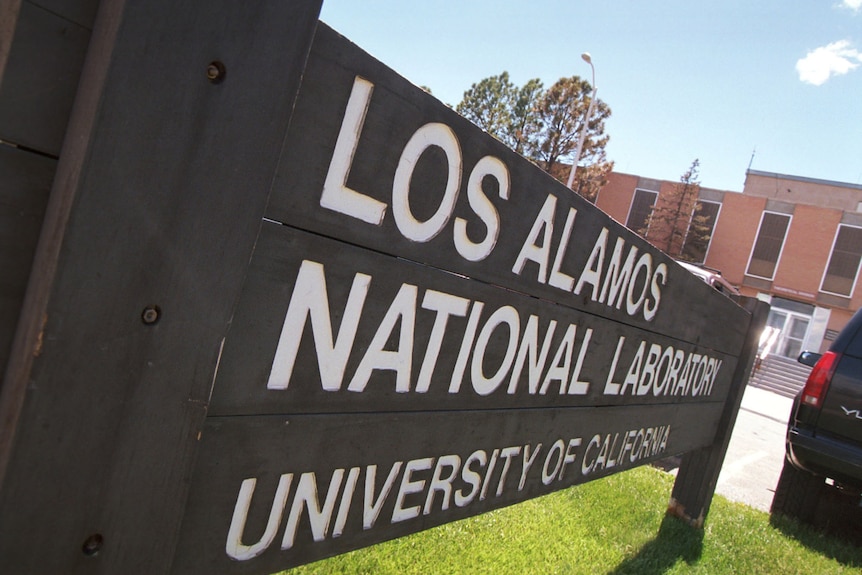 A sign greets visitors as they arrive on the Los Alamos National Laboratory campus 