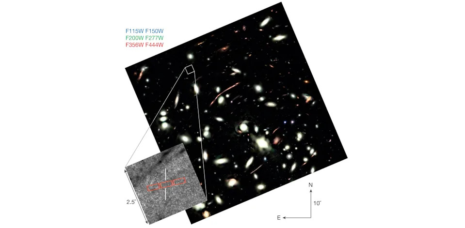 An annotated image showing subtle galactic features from a deep-field exposure by the James Webb Space Telescope, highlighting the presence of a galaxy called LAP1-B