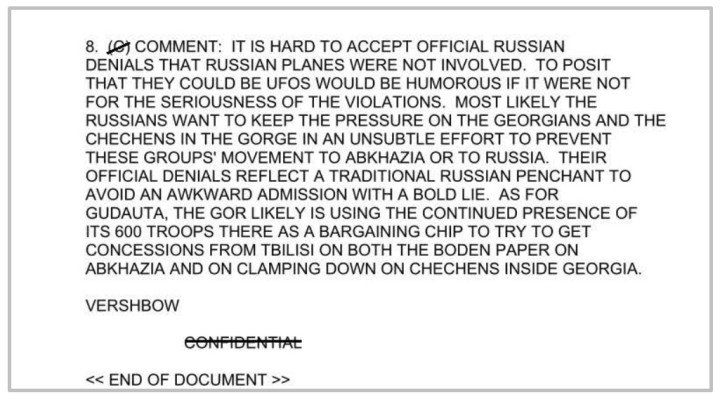 US Ambassador Alexander Vershbow’s declassified diplomatic comment on Russia’s denial of airstrikes in Georgia. (Source: war.gov) US Ambassador Alexander Vershbow’s declassified diplomatic comment on Russia’s denial of airstrikes in Georgia. (Source: war.gov)