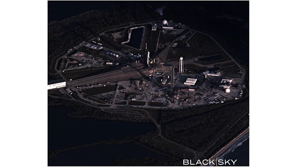 A BlackSky Gen-3 satellite captured this photo of SpaceX's Falcon Heavy rocket on the pad at Kennedy Space Center on April 29, 2026.