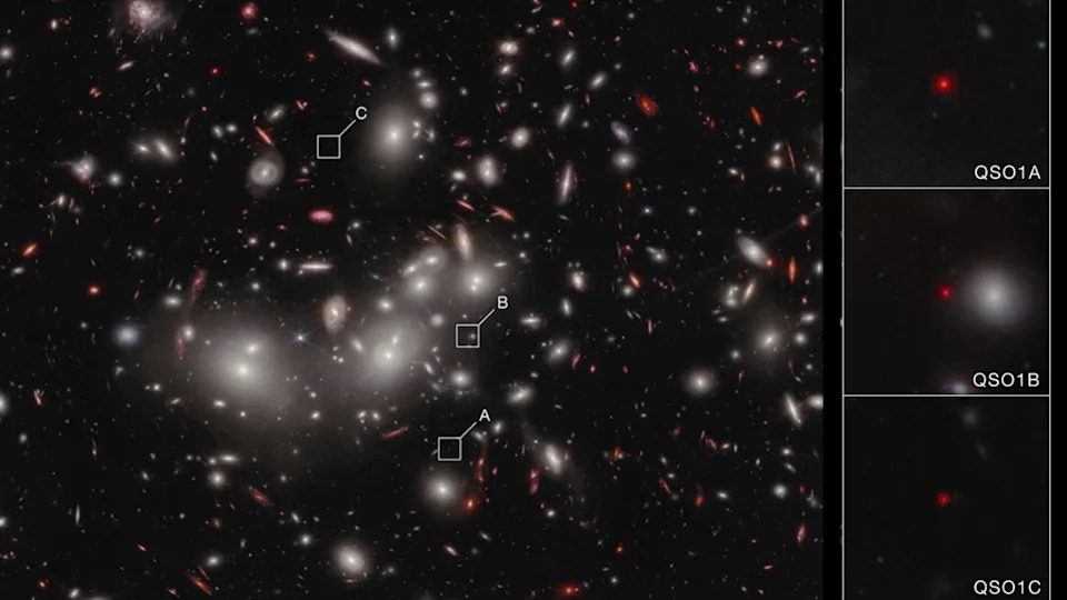 An image from NIRCam on NASA’s James Webb Space Telescope shows Little Red Dot Abell2744-QSO1, magnified and triply imaged by galaxy cluster Abell 2744 (Pandora’s Cluster).
