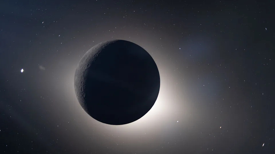 An image of the dark sphere of the moon in space as it blocks the sun, with a glowing sphere of light behind it. 