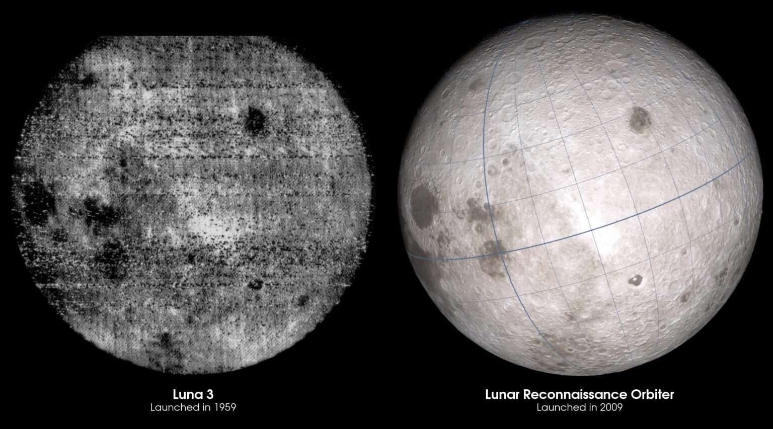 First Photo of the Lunar Far Side by soviet spacecraft Luna 3,In October 1959 to Fifty years later photo by NASA's LR Orbiter