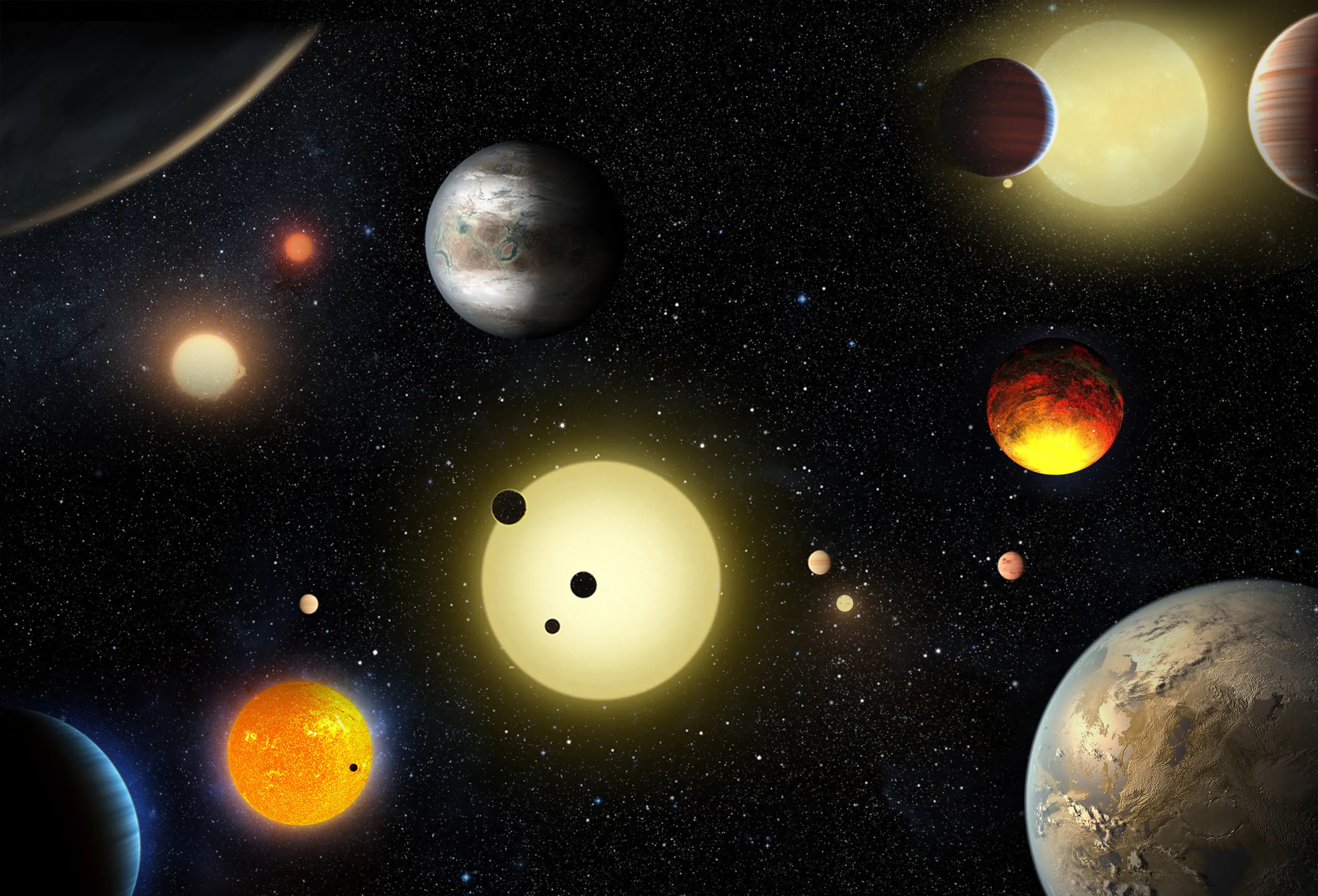 An illustration depicts some of the many extrasolar planets we have discovered in the Milky Way.