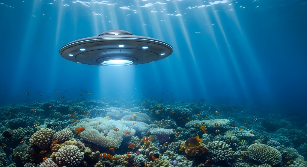 Illustration of a UFO hovering above a vibrant coral reef, with sunlight rays shining through the water.