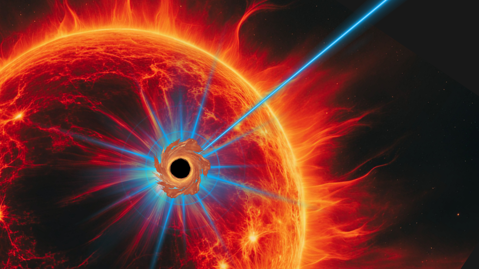 An illustration of a fiery-looking star with a black circle on it. Blue flashes protrude from the black circle.