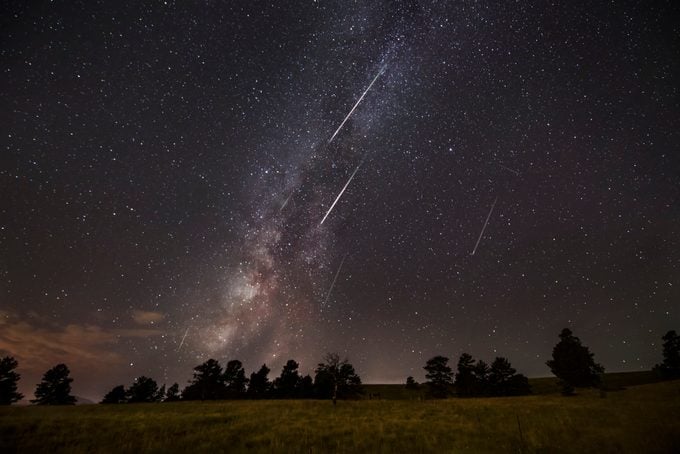 Perseid Meteors and Milky Way above Woodland park and Pike National Forest in Colorado