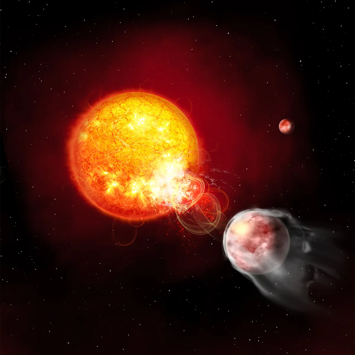 Artist's impression of star HIP 67522 with a flare erupting toward an orbiting planet, HIP 67522 b. A second planet, HIP 67522 c, is shown in the background. Credit: Janine Fohlmeister, Leibniz Institute for Astrophysics Potsdam
