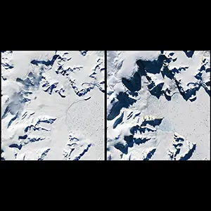 The rapid loss of Hektoria Glacier’s grounded ice is visible in these images acquired in October 2022 (left) and March 2024 (right) with the OLI (Operational Land Imager) on Landsat 8. The glacier retreated 8 kilometers in November-December 2022, after having lost a 16-kilometer-long section of floating ice earlier that year.