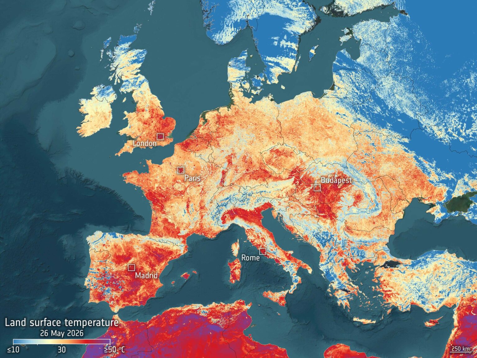 Hot surfaces during Europe’s heatwave ‘seen’ by Sentinel-3 Hot surfaces during Europe's heatwave 'seen' by Sentinel-3