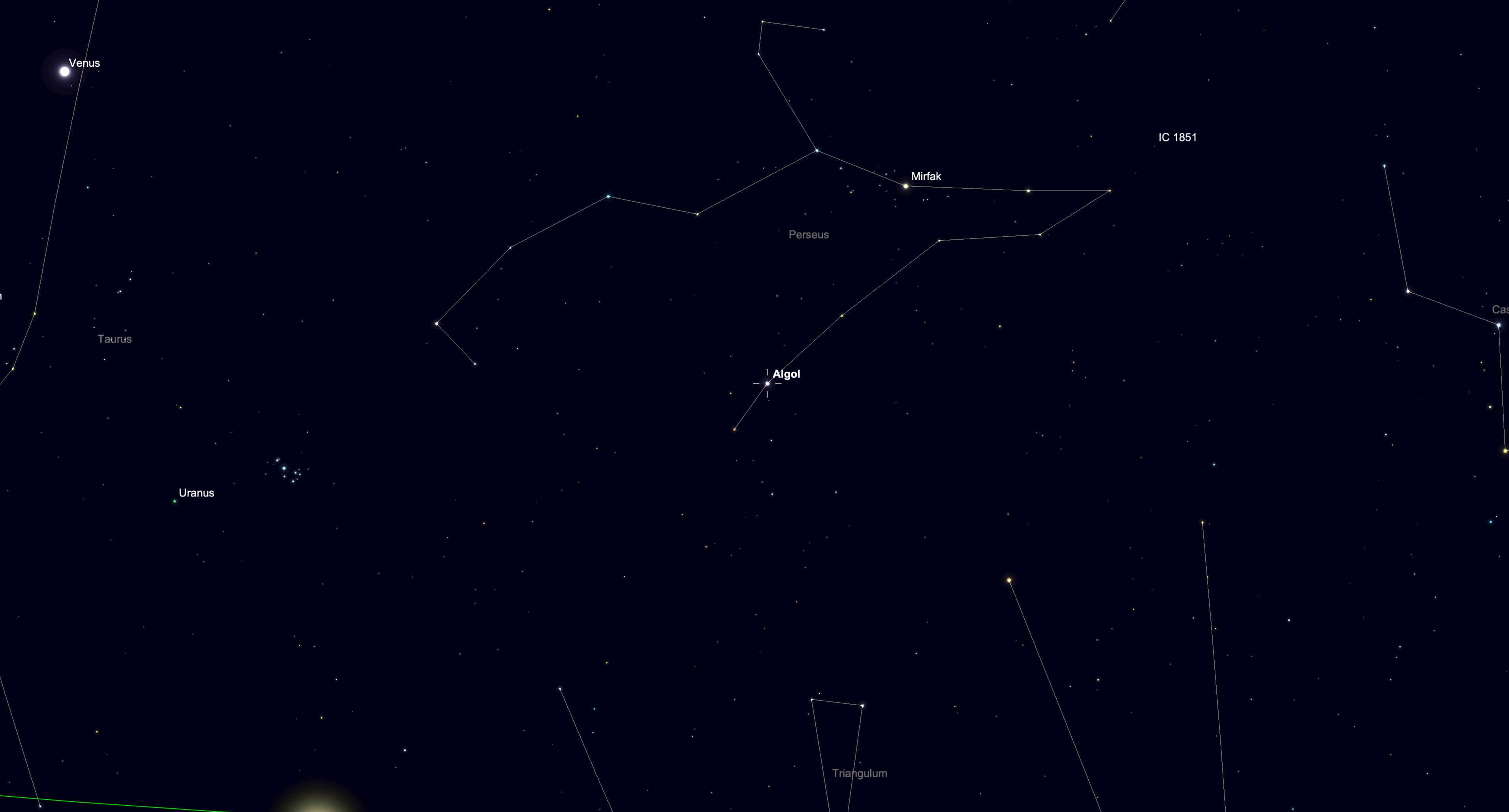 Star chart of the constellation Perseus highlighting Algol, a variable eclipsing binary star, among surrounding stars.