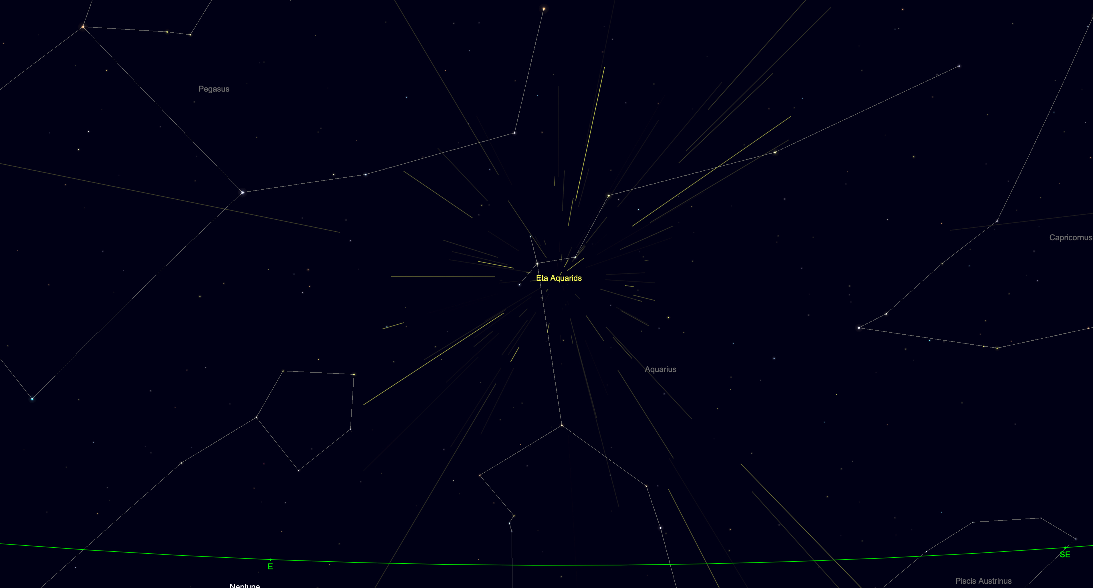 Star chart showing the Eta Aquarids meteor shower radiating from Aquarius, the meteor streaks spreading out across the sky.