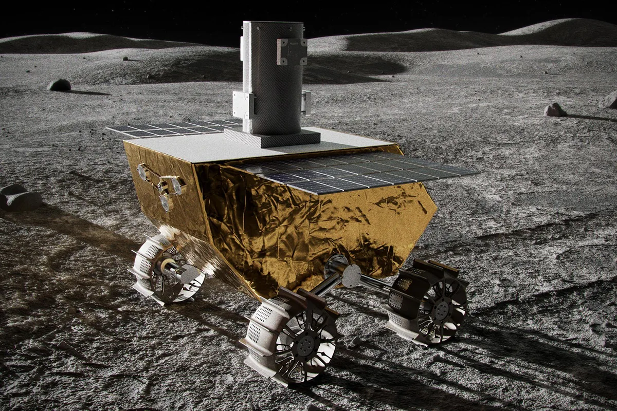 Artist’s impression of the Lunar Vertex rover on the surface of the Moon. Credit: Johns Hopkins APL/Lunar Outpost/Ben Smith