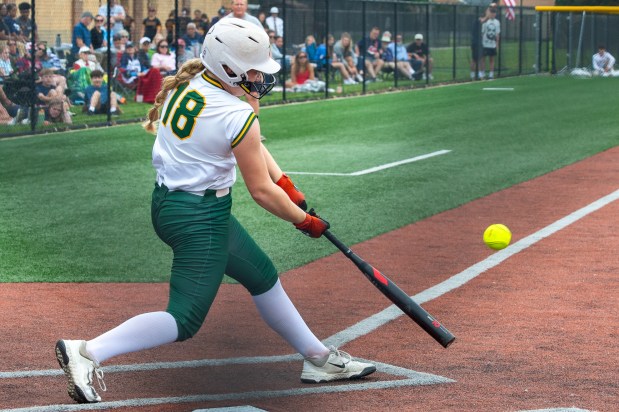 Leah Sprague connects during Amherst vs. Twinsburg softball, May 27, 2026. (Aimee Bielozer - For The Morning Journal)