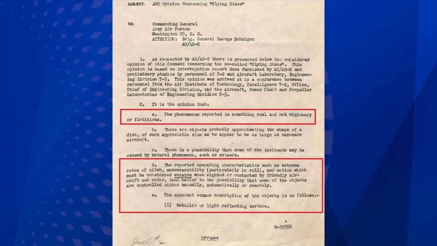 The "Twining Memo" - long rumored to be real has now been officially released by the US gov't - Signed by Air Force General Nathan Twining, described the UFO phenomenon as "real and not visionary and fictitious", describes UFOs as being controlled "manually, automatically, or remotely" in 1947...