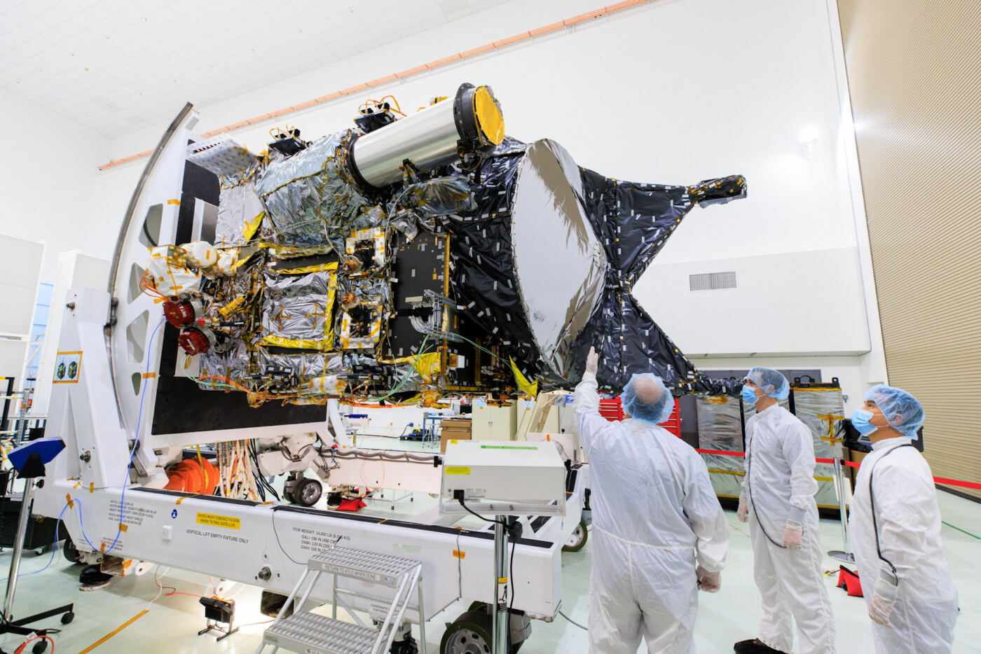 NASA's Psyche spacecraft is shown in a clean room on June 26, 2023, at the Astrotech Space Operations facility near Kennedy Space Center in Florida. NASA/Frank Michaux